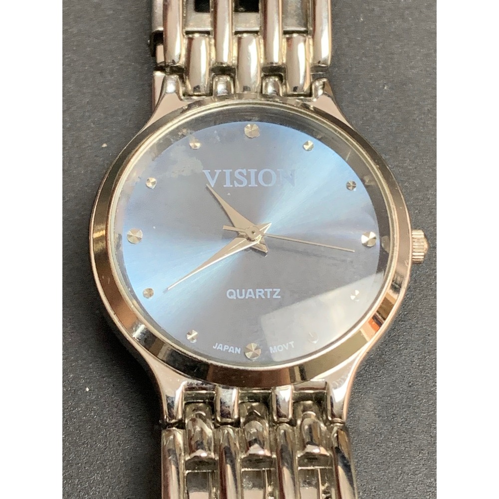 Vision Mens Quartz Watch Silver Tone Stainless Steel Blue Sunray Dial Japan Movt